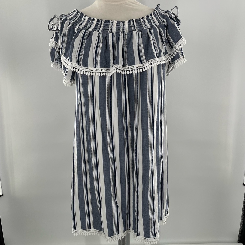 Luxology Dress Striped Off the Shoulder Short Sleeves Ruffle Coastal Nau… - Picture 4 of 13